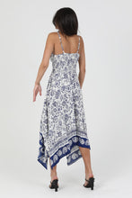 V Neck Twist Front Cutout Detail Hanky Hem Dress - Ivory/Blue