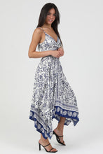 V Neck Twist Front Cutout Detail Hanky Hem Dress - Ivory/Blue