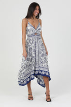 V Neck Twist Front Cutout Detail Hanky Hem Dress - Ivory/Blue