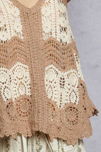 POL V neck sleeveless flowy fit top in crochet with scalloped edge and border weave pattern accent - Black Multi or Mocha Multi