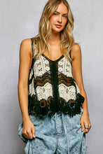 POL V neck sleeveless flowy fit top in crochet with scalloped edge and border weave pattern accent - Black Multi or Mocha Multi