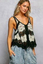 POL V neck sleeveless flowy fit top in crochet with scalloped edge and border weave pattern accent - Black Multi or Mocha Multi