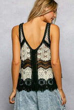 POL V neck sleeveless flowy fit top in crochet with scalloped edge and border weave pattern accent - Black Multi or Mocha Multi