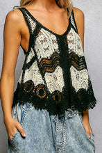 POL V neck sleeveless flowy fit top in crochet with scalloped edge and border weave pattern accent - Black Multi or Mocha Multi
