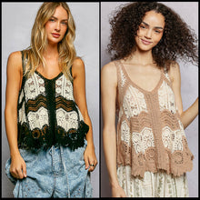 POL V neck sleeveless flowy fit top in crochet with scalloped edge and border weave pattern accent - Black Multi or Mocha Multi