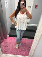 POL Sleeveless Shirred Ruffle & Pearl Stud Tank - Natural or Off White
