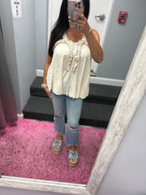 POL Sleeveless Shirred Ruffle & Pearl Stud Tank - Natural or Off White