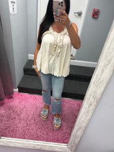 POL Sleeveless Shirred Ruffle & Pearl Stud Tank - Natural or Off White