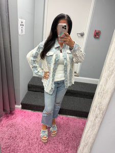 POL Relaxed Textured Light Denim Jacket With Flower Embroidery
