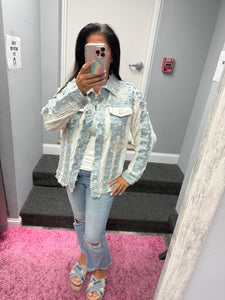 POL Relaxed Textured Light Denim Jacket With Flower Embroidery