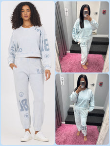 Vintage Havana Washed Light Blue W Denim Print Rib Jogger