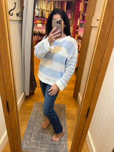 Vintage Havana White W/ Sky Blue Stripe Open Knit Sweater