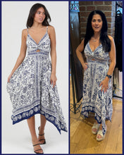 V Neck Twist Front Cutout Detail Hanky Hem Dress - Ivory/Blue