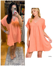 DOUBLE GAUZE RAW EDGE V-NECK DRESS - ASSORTED COLORS