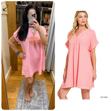 DOUBLE GAUZE RAW EDGE V-NECK DRESS - ASSORTED COLORS