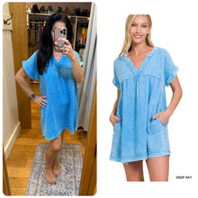 WASHED DOUBLE GAUZE RAW EDGE V-NECK DRESS - ASSORTED COLORS