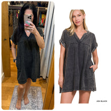 WASHED DOUBLE GAUZE RAW EDGE V-NECK DRESS - ASSORTED COLORS