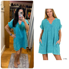 WASHED DOUBLE GAUZE RAW EDGE V-NECK DRESS - ASSORTED COLORS