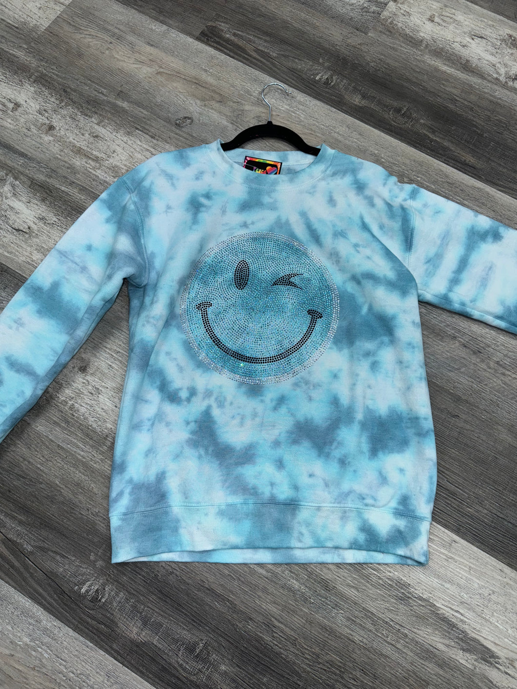 Bling Smiley On Evening Blue Tie Dye Pullover