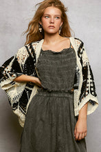 POL 3/4 batwing sleeve roomy fit open cardigan in crochet with different weaves patterns and scalloped edge Black/Cream