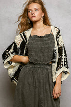 POL 3/4 batwing sleeve roomy fit open cardigan in crochet with different weaves patterns and scalloped edge Black/Cream