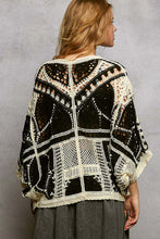 POL 3/4 batwing sleeve roomy fit open cardigan in crochet with different weaves patterns and scalloped edge Black/Cream