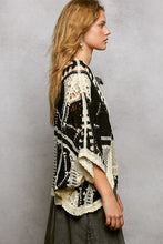 POL 3/4 batwing sleeve roomy fit open cardigan in crochet with different weaves patterns and scalloped edge Black/Cream