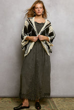 POL 3/4 batwing sleeve roomy fit open cardigan in crochet with different weaves patterns and scalloped edge Black/Cream