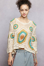 POL V neck 3/4 sleeve relaxed fit top in crochet with colorful granny circle motif and scalloped edge - Cream/Green