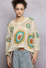 POL V neck 3/4 sleeve relaxed fit top in crochet with colorful granny circle motif and scalloped edge - Cream/Green