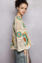 POL V neck 3/4 sleeve relaxed fit top in crochet with colorful granny circle motif and scalloped edge - Cream/Green