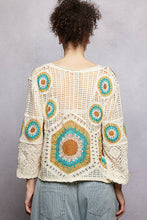 POL V neck 3/4 sleeve relaxed fit top in crochet with colorful granny circle motif and scalloped edge - Cream/Green