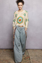POL V neck 3/4 sleeve relaxed fit top in crochet with colorful granny circle motif and scalloped edge - Cream/Green
