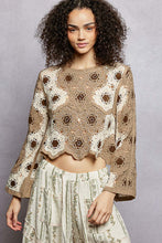 POL round neck long sleeve relaxed fit top in crochet with floral weave knit patterns and beads detail - Black Multi or Mocha Multi