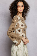POL round neck long sleeve relaxed fit top in crochet with floral weave knit patterns and beads detail - Black Multi or Mocha Multi