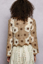 POL round neck long sleeve relaxed fit top in crochet with floral weave knit patterns and beads detail - Black Multi or Mocha Multi