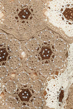 POL round neck long sleeve relaxed fit top in crochet with floral weave knit patterns and beads detail - Black Multi or Mocha Multi