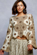 POL round neck long sleeve relaxed fit top in crochet with floral weave knit patterns and beads detail - Black Multi or Mocha Multi