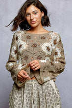 POL round neck long sleeve relaxed fit top in crochet with floral weave knit patterns and beads detail - Black Multi or Mocha Multi