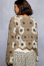 POL round neck long sleeve relaxed fit top in crochet with floral weave knit patterns and beads detail - Black Multi or Mocha Multi