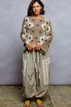 POL round neck long sleeve relaxed fit top in crochet with floral weave knit patterns and beads detail - Black Multi or Mocha Multi