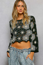 POL round neck long sleeve relaxed fit top in crochet with floral weave knit patterns and beads detail - Black Multi or Mocha Multi