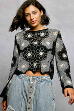 POL round neck long sleeve relaxed fit top in crochet with floral weave knit patterns and beads detail - Black Multi or Mocha Multi