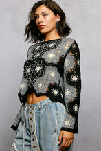 POL round neck long sleeve relaxed fit top in crochet with floral weave knit patterns and beads detail - Black Multi or Mocha Multi