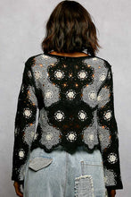 POL round neck long sleeve relaxed fit top in crochet with floral weave knit patterns and beads detail - Black Multi or Mocha Multi