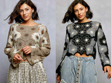 POL round neck long sleeve relaxed fit top in crochet with floral weave knit patterns and beads detail - Black Multi or Mocha Multi