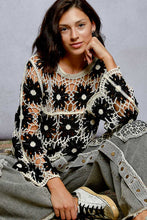 POL round neck long sleeve regular fit top in crochet with loosely weaved floral knit patterns and scalloped edge - Black Multi