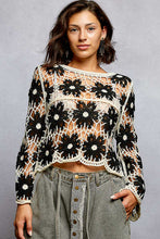 POL round neck long sleeve regular fit top in crochet with loosely weaved floral knit patterns and scalloped edge - Black Multi