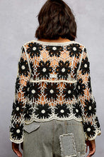 POL round neck long sleeve regular fit top in crochet with loosely weaved floral knit patterns and scalloped edge - Black Multi