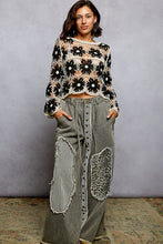 POL round neck long sleeve regular fit top in crochet with loosely weaved floral knit patterns and scalloped edge - Black Multi